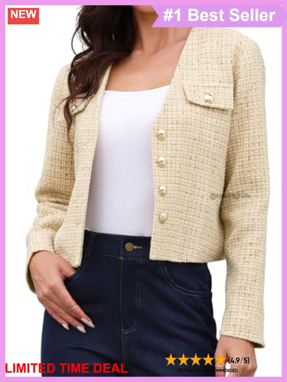 Tweed Cropped Blazer Collarless Button Down Business Casual Jacket